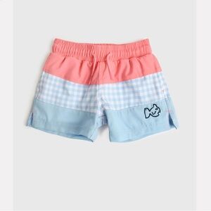 PRODOH Boogie Board Swim trunks in Flamingo and Clear Sky Gingham Colorblock